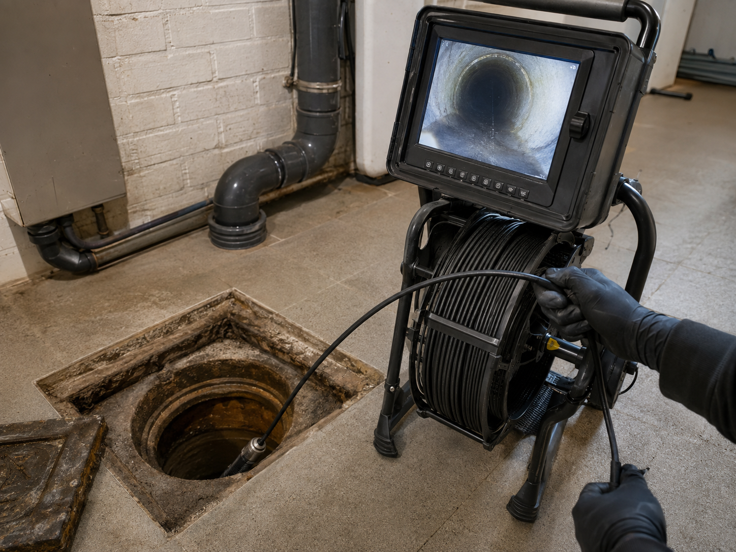 Camera-inspectie in een afvoerleiding
